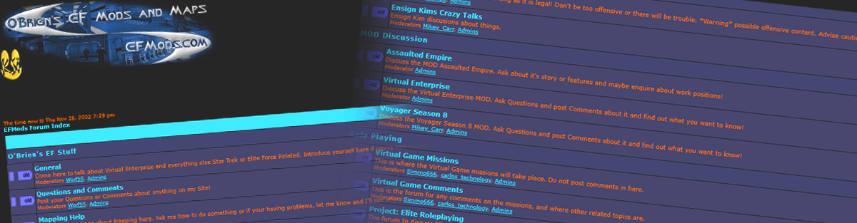 Screenshots of the EFMods forum from 28 November 2002, via the Internet Archive