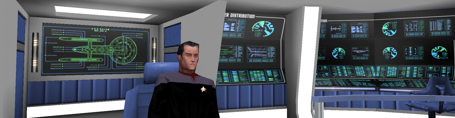 A captain on the bridge of the USS Salem-A, an Excelsior-class vessel; the map served as the home of one of the Virtual Fleet vessels